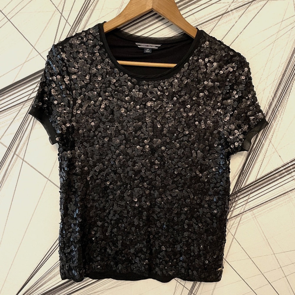 Women Black Sequin Tee short sleeves